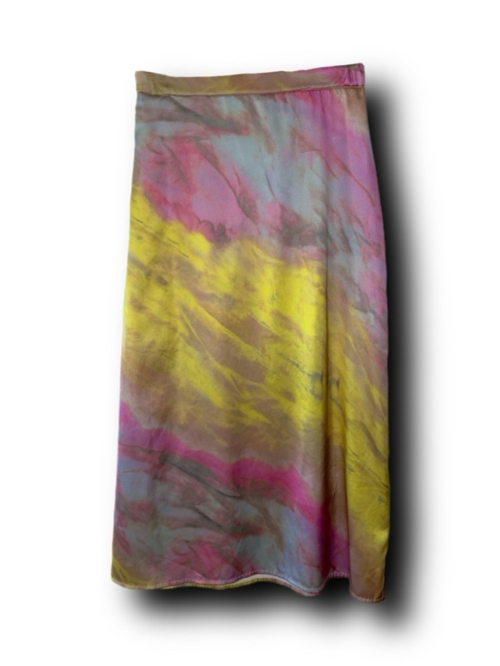 Satin-Feel Sunset Tie Dye Midi Skirt in Yellow, Pink & Blue Whimsigoth Vibes